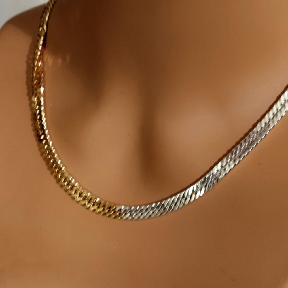 Dyadema Bronze Italy Two-Tone Gold Silver Herringbone Necklace 18" - Picture 3 of 12